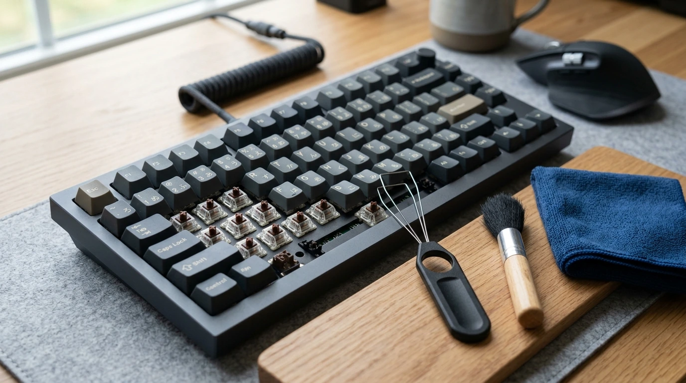 A mechanical keyboard with several keycaps removed, exposing the switches.