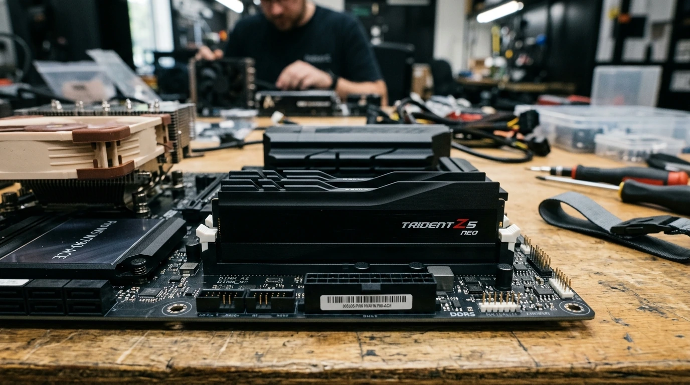 Two DDR5 RAM modules correctly installed and seated in a workstation motherboard's DIMM slots, illustrating proper physical integration.