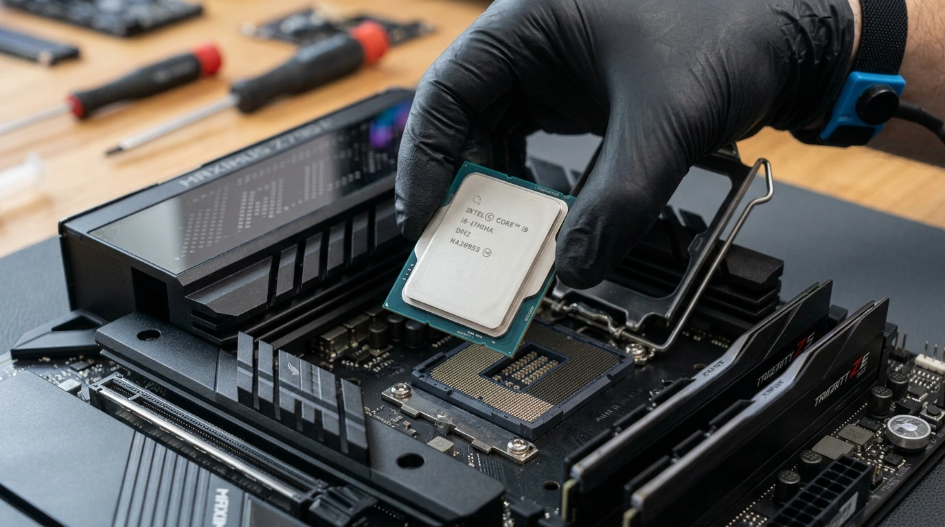 A detailed view of a CPU installation, emphasizing careful handling and thermal paste application during a PC upgrade.