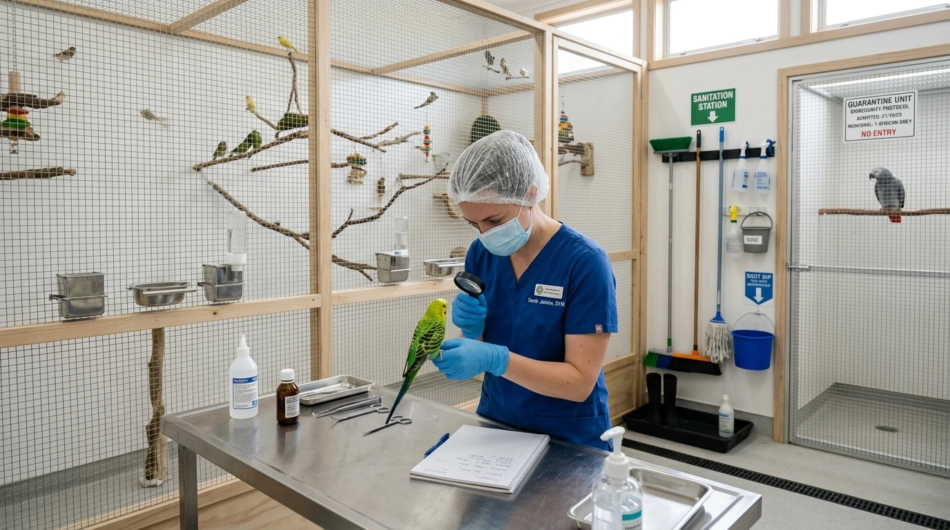 Veterinary expert performing a health check on a bird within a sterile aviary, demonstrating robust biosecurity measures and quarantine protocols.