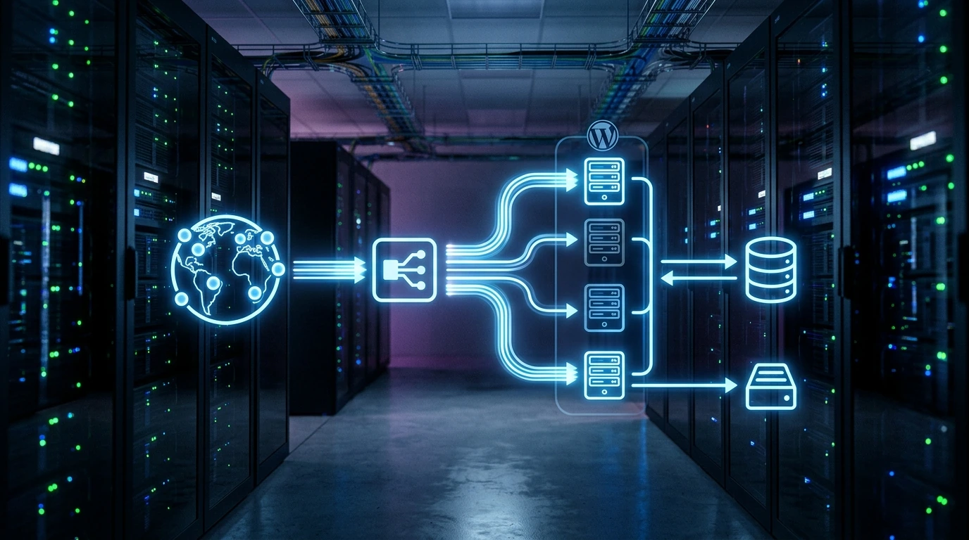 Visual representation of a scalable cloud hosting architecture for WordPress, illustrating interconnected services like CDN, load balancing, and database clusters.