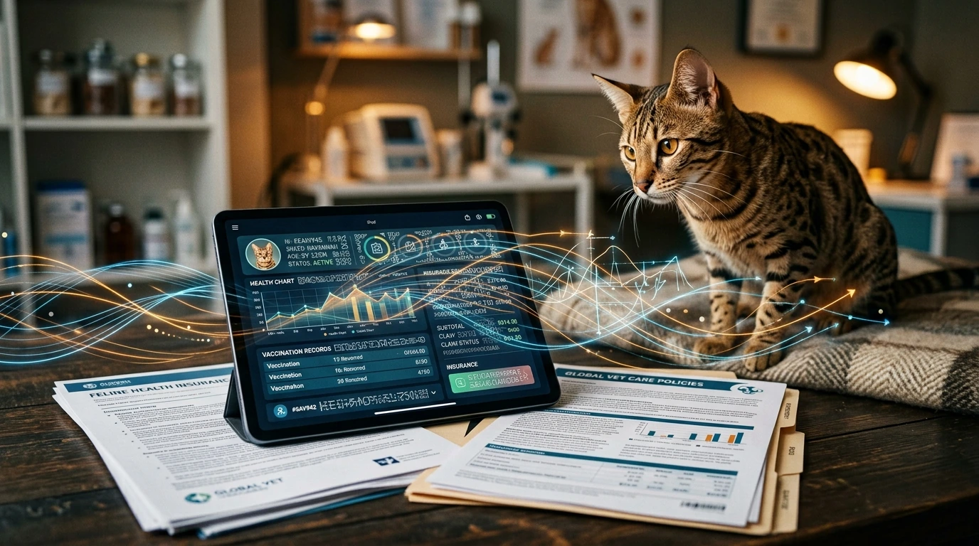 Policy documents and digital vet records, with a rare breed cat in the background, illustrating the administrative aspects of exotic pet insurance and managing claims.