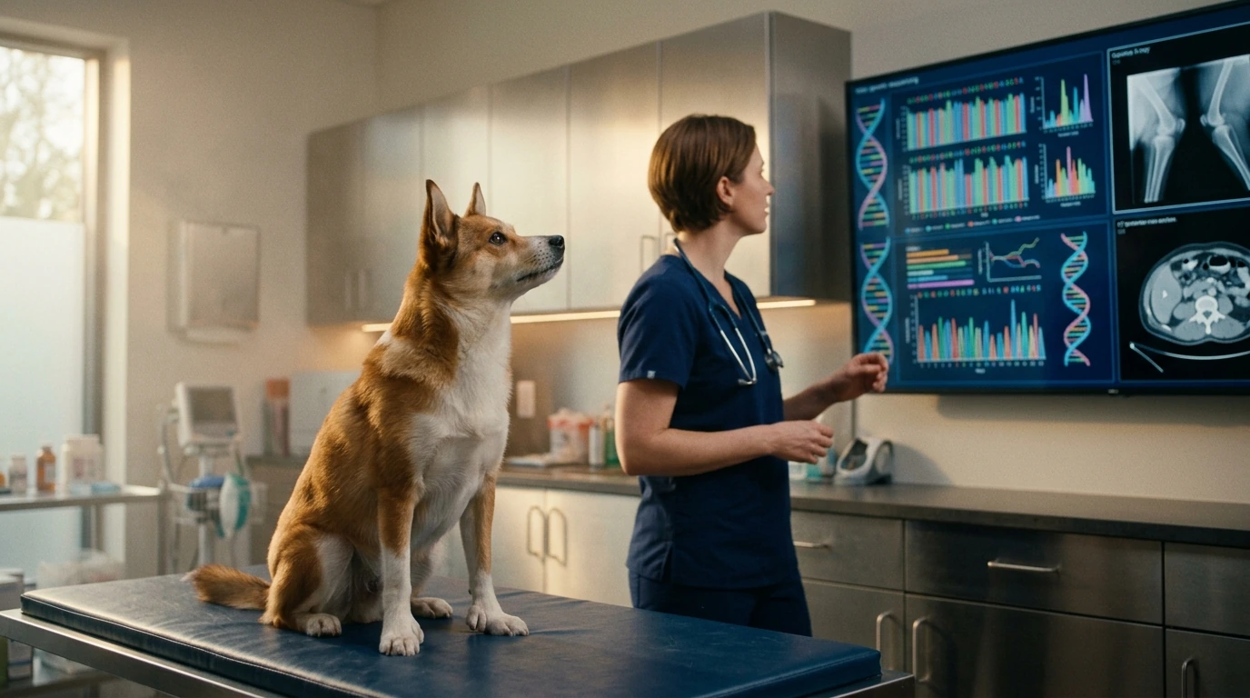 Veterinarian reviewing genetic diagnostics and imaging for a rare dog breed.