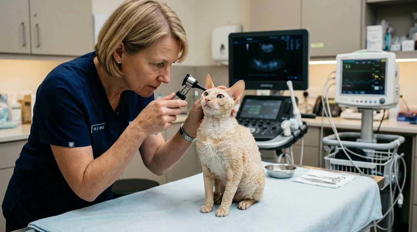 A veterinarian performing a detailed examination on a rare cat breed in a modern clinic, with advanced diagnostic tools visible in the background.