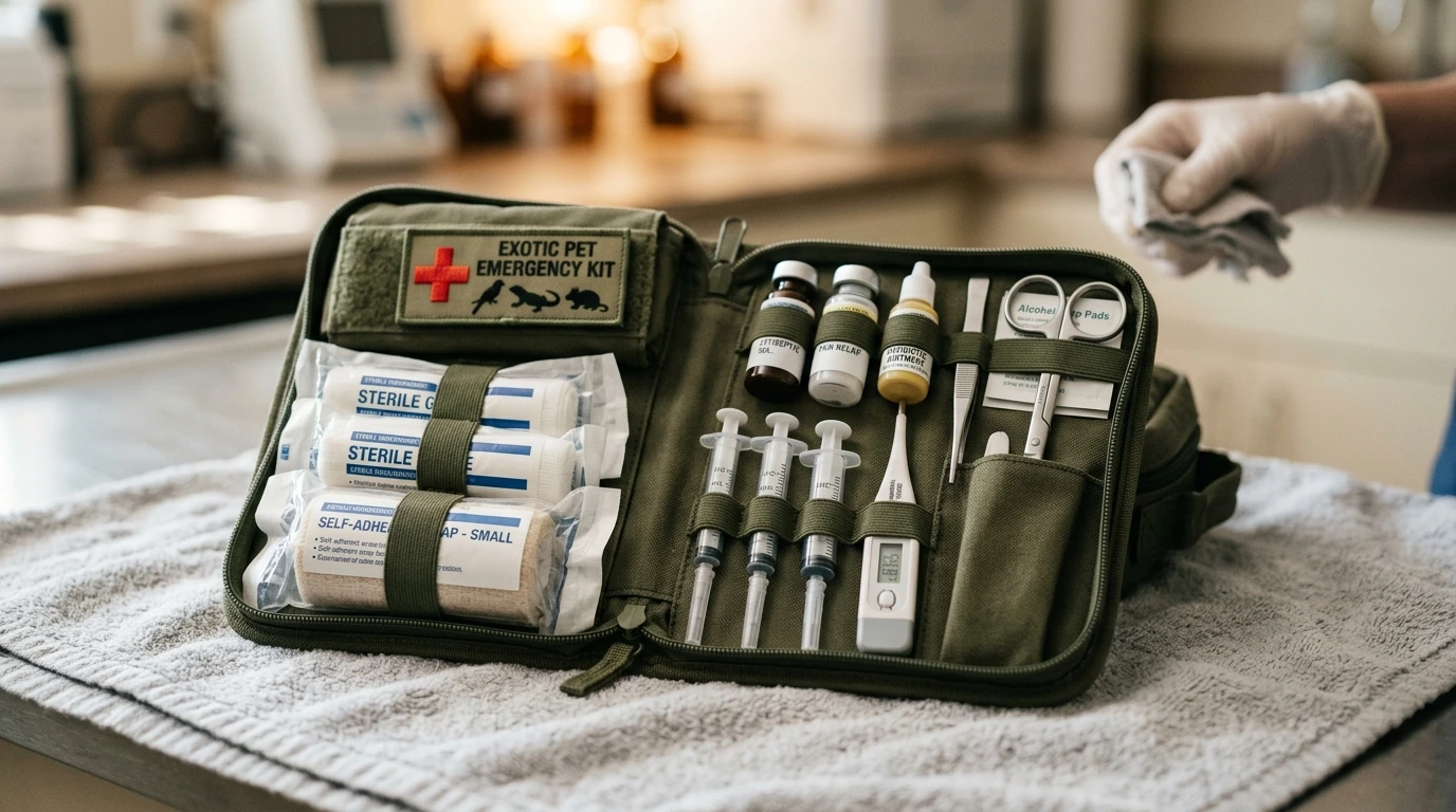 A well-stocked emergency first aid kit for exotic pets, showing essential medical supplies and tools laid out for readiness.