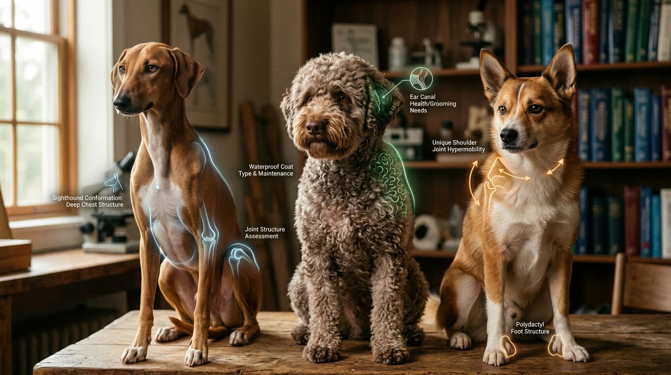 Detailed illustration showcasing unique anatomical features and potential health predispositions across various rare dog breeds.