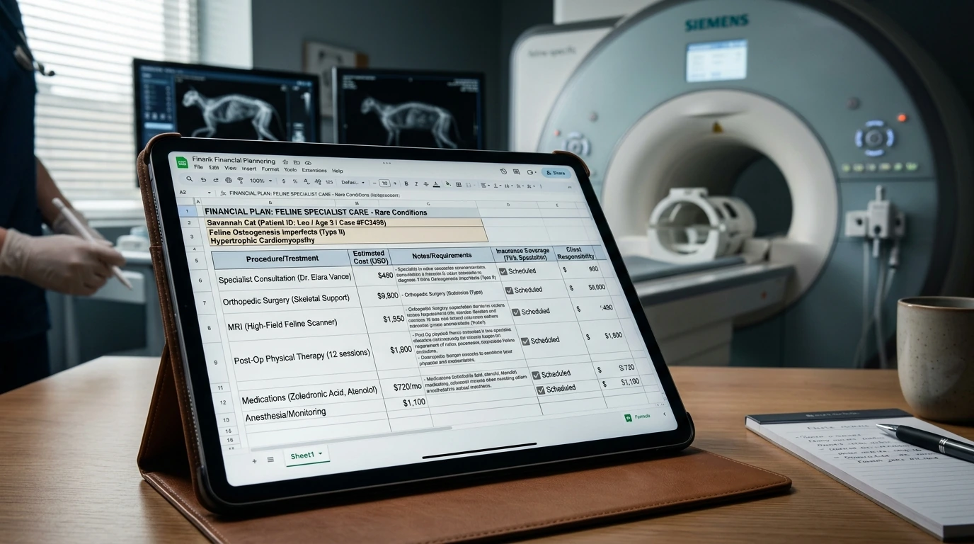 A detailed view of a financial planning document or insurance policy, with a soft-focus background of advanced veterinary equipment, representing cost management for complex feline medical needs.
