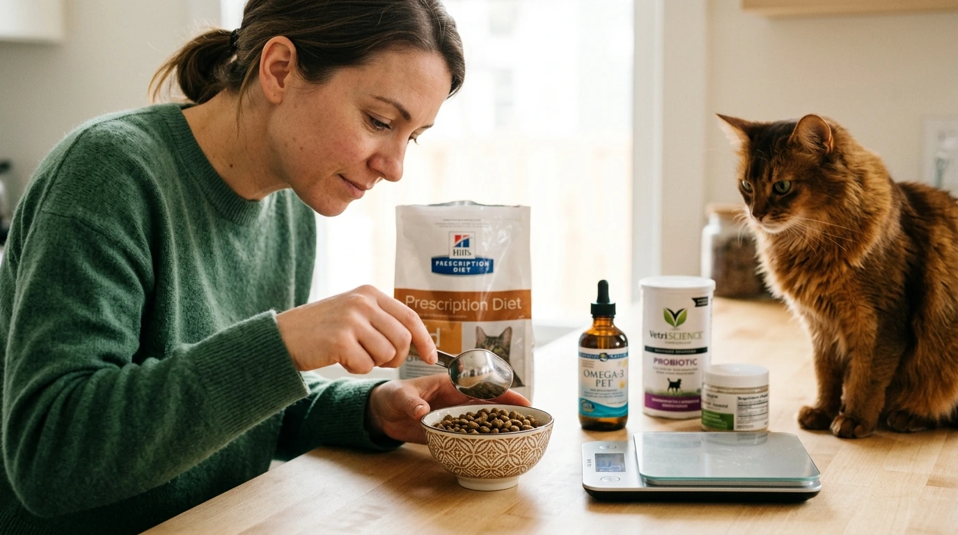 A veterinarian carefully measuring a specialized prescription diet for a rare breed cat, surrounded by nutrient supplements and a focus on precise dietary tailoring.