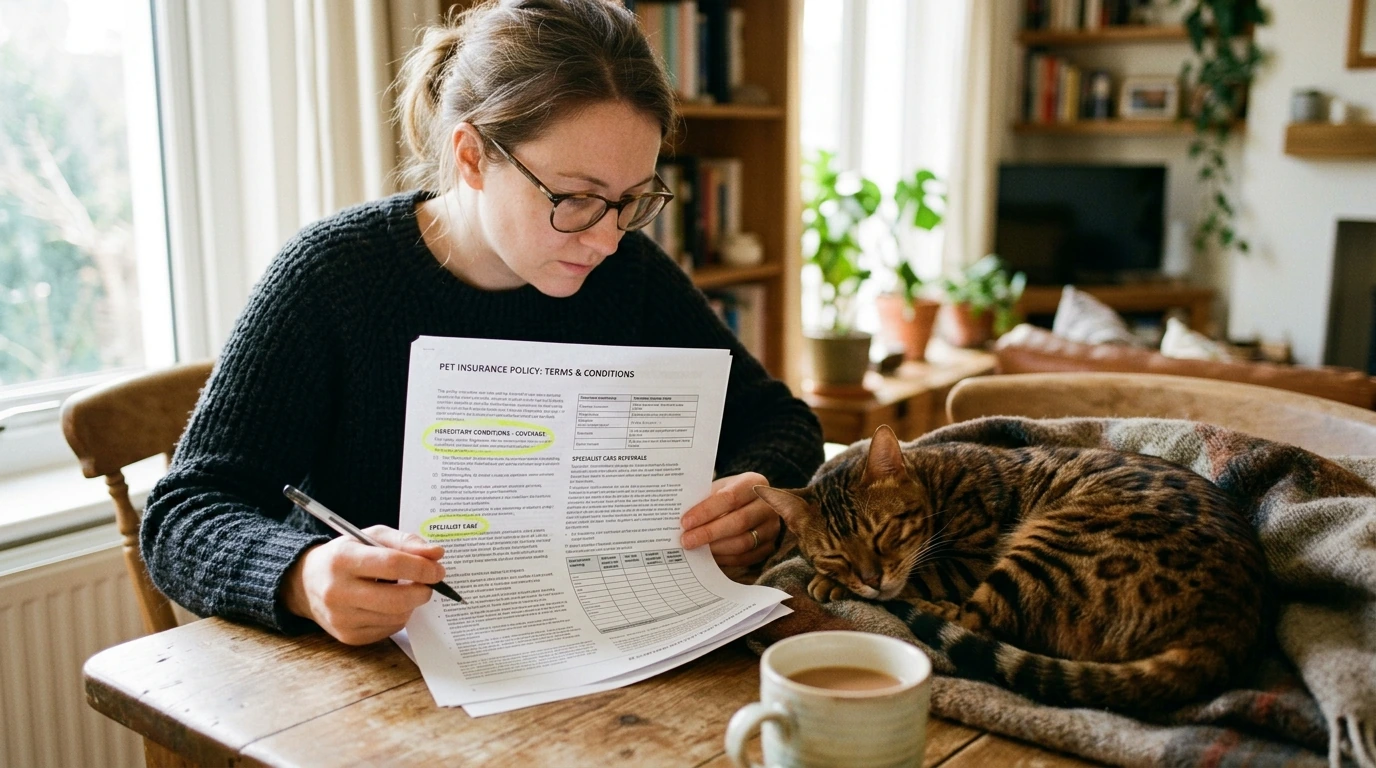 A cat owner examining a detailed veterinary insurance policy for rare breeds, focusing on coverage specifics.