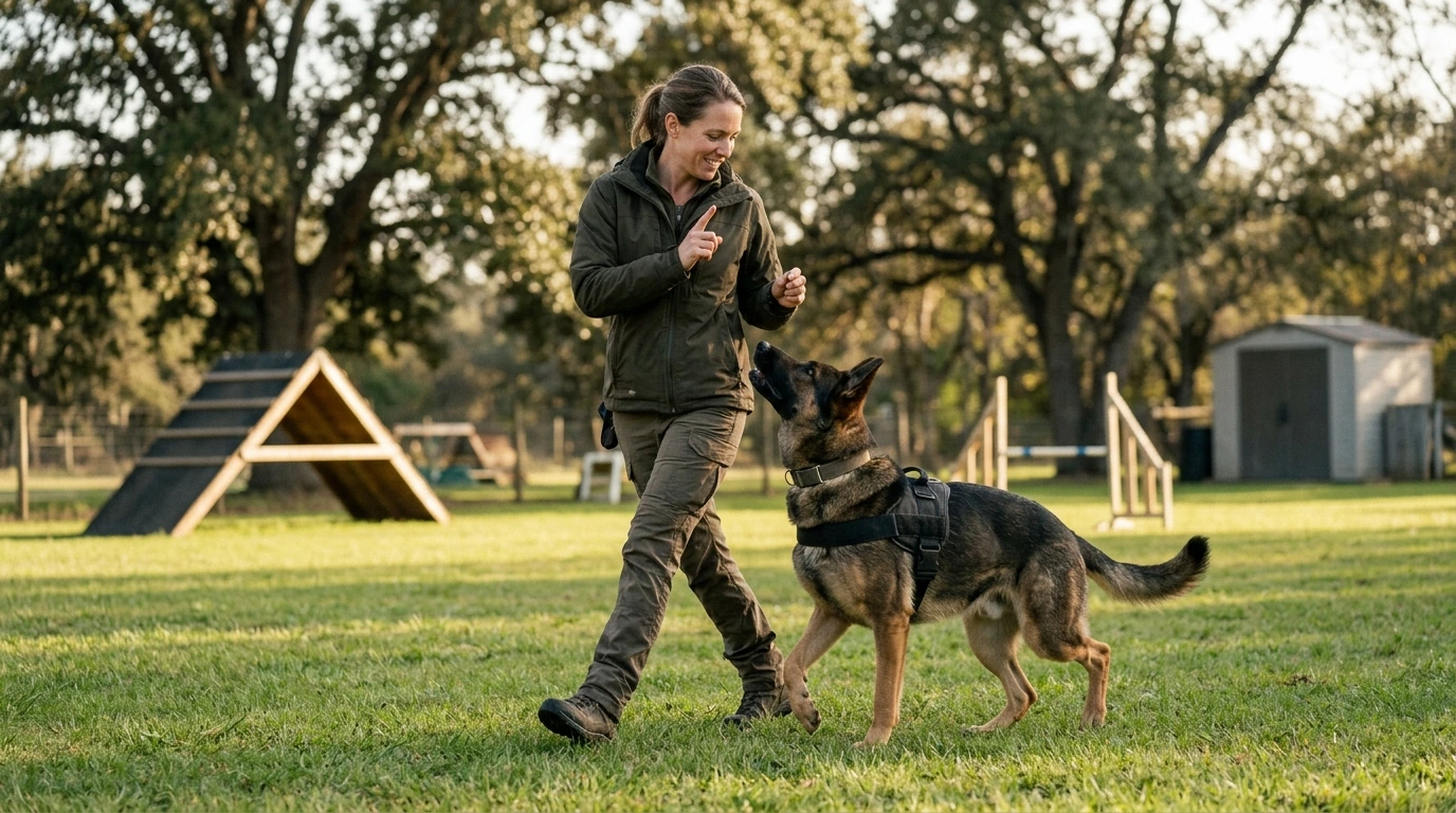 A professional dog trainer working with a guard dog on advanced obedience commands, illustrating effective taming techniques and the bond between handler and animal.