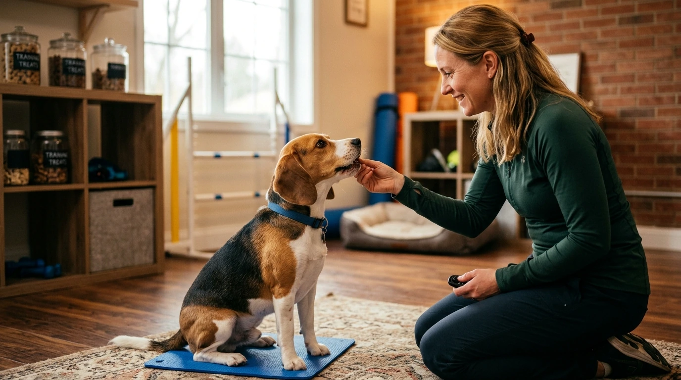 A Beagle attentively participating in a positive reinforcement training session with a certified dog trainer, demonstrating the practical application of behavioral rehabilitation strategies.