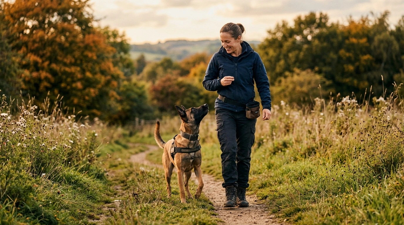 A professional trainer using positive reinforcement to guide a working dog during a training session in a natural outdoor setting.