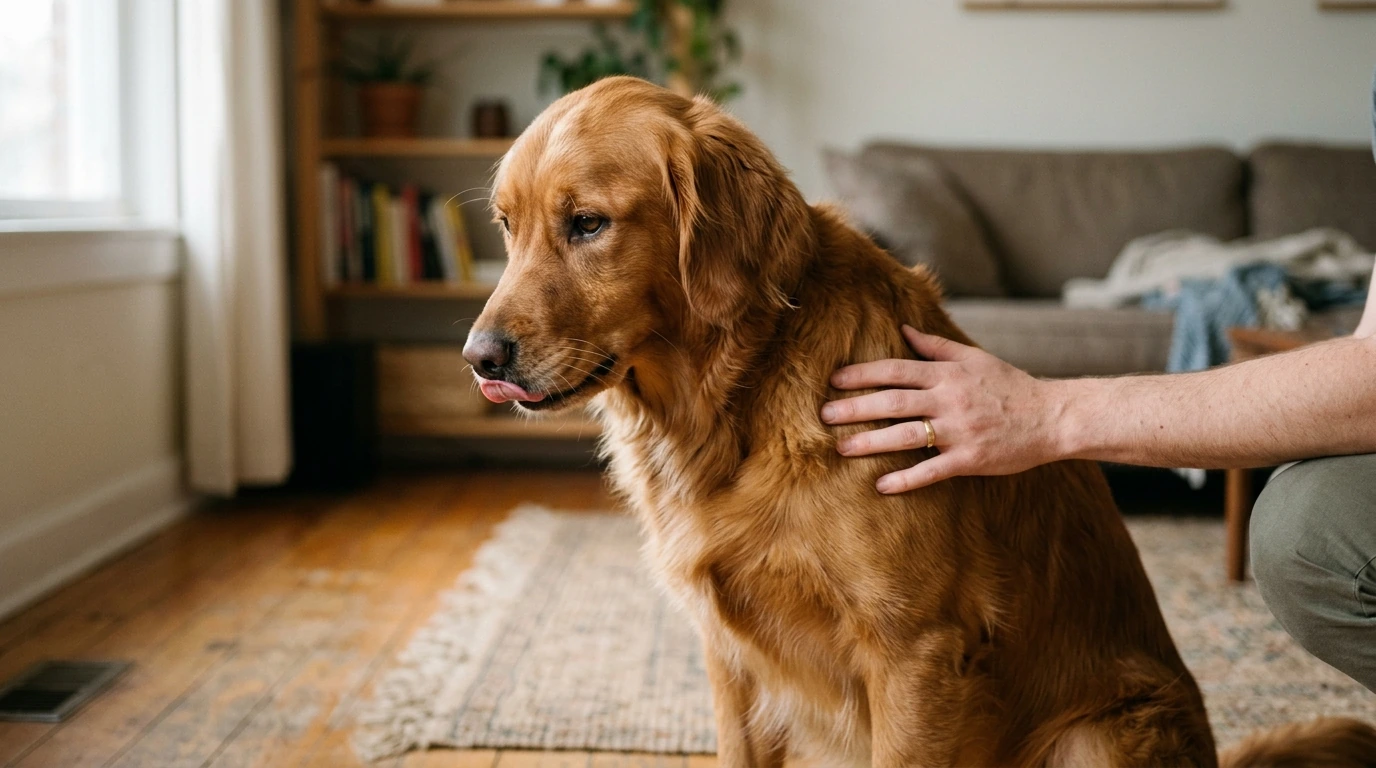 A dog displaying subtle signs of stress like lip licking and averted gaze, with a human hand offering gentle reassurance, illustrating canine reactivity.