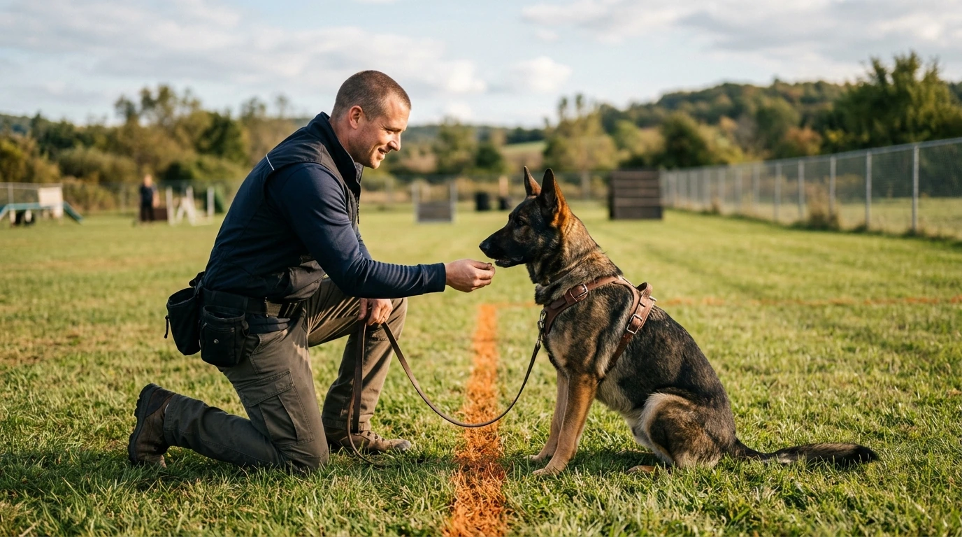 A certified dog trainer guiding a guard dog through a boundary training exercise in an open field, emphasizing controlled behavior and positive reinforcement.