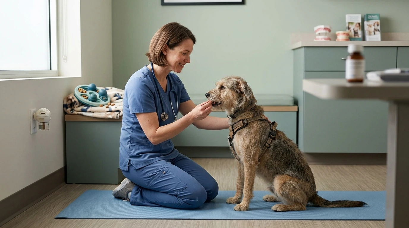 A veterinarian applying multimodal anxiety treatment strategies, including gentle interaction and behavioral therapy, to a dog in a clinic.