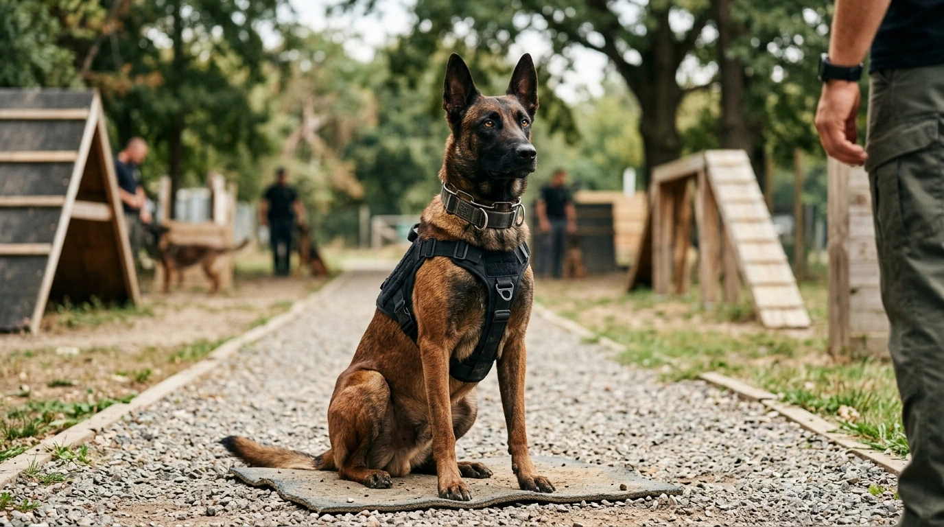 A Belgian Malinois demonstrating advanced obedience in a focused training session.