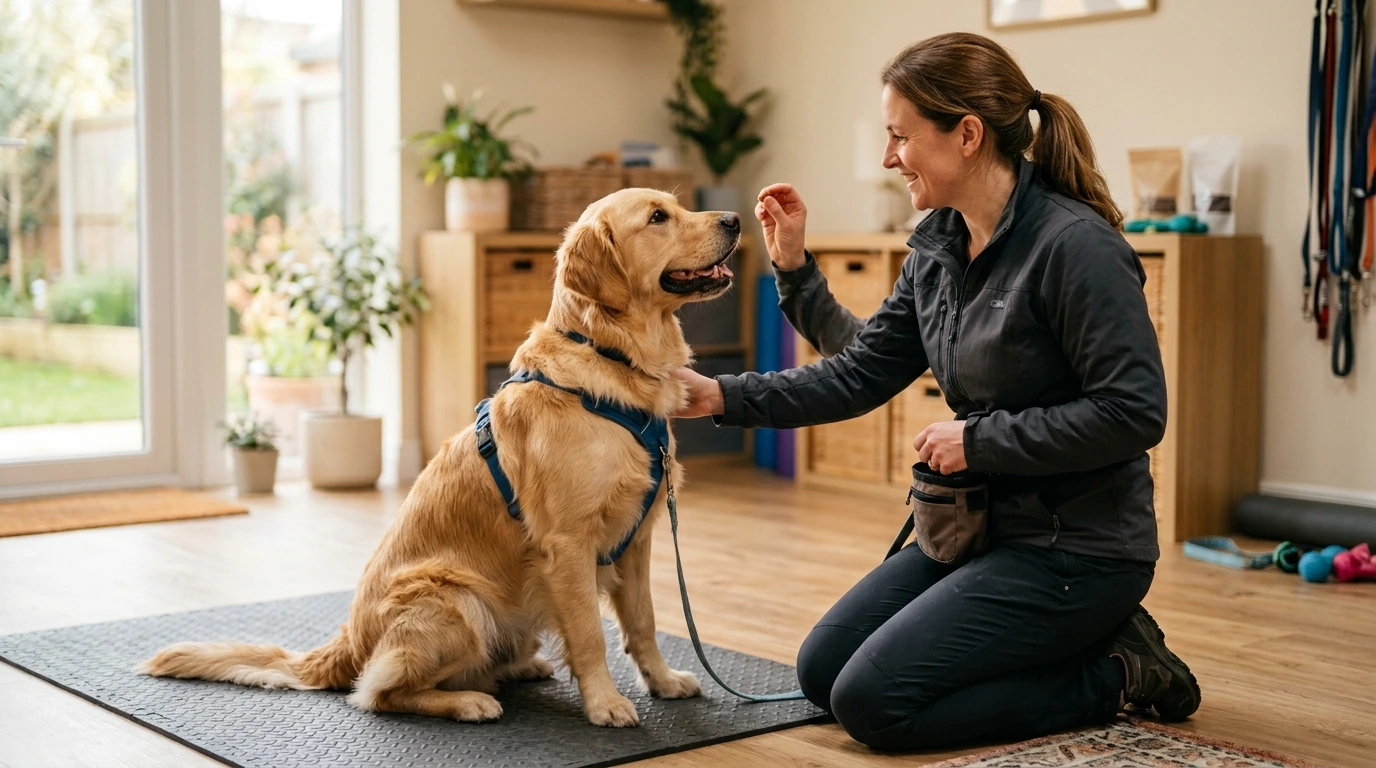 A dog engaged in a positive reinforcement training session with a professional, highlighting behavioral therapy.