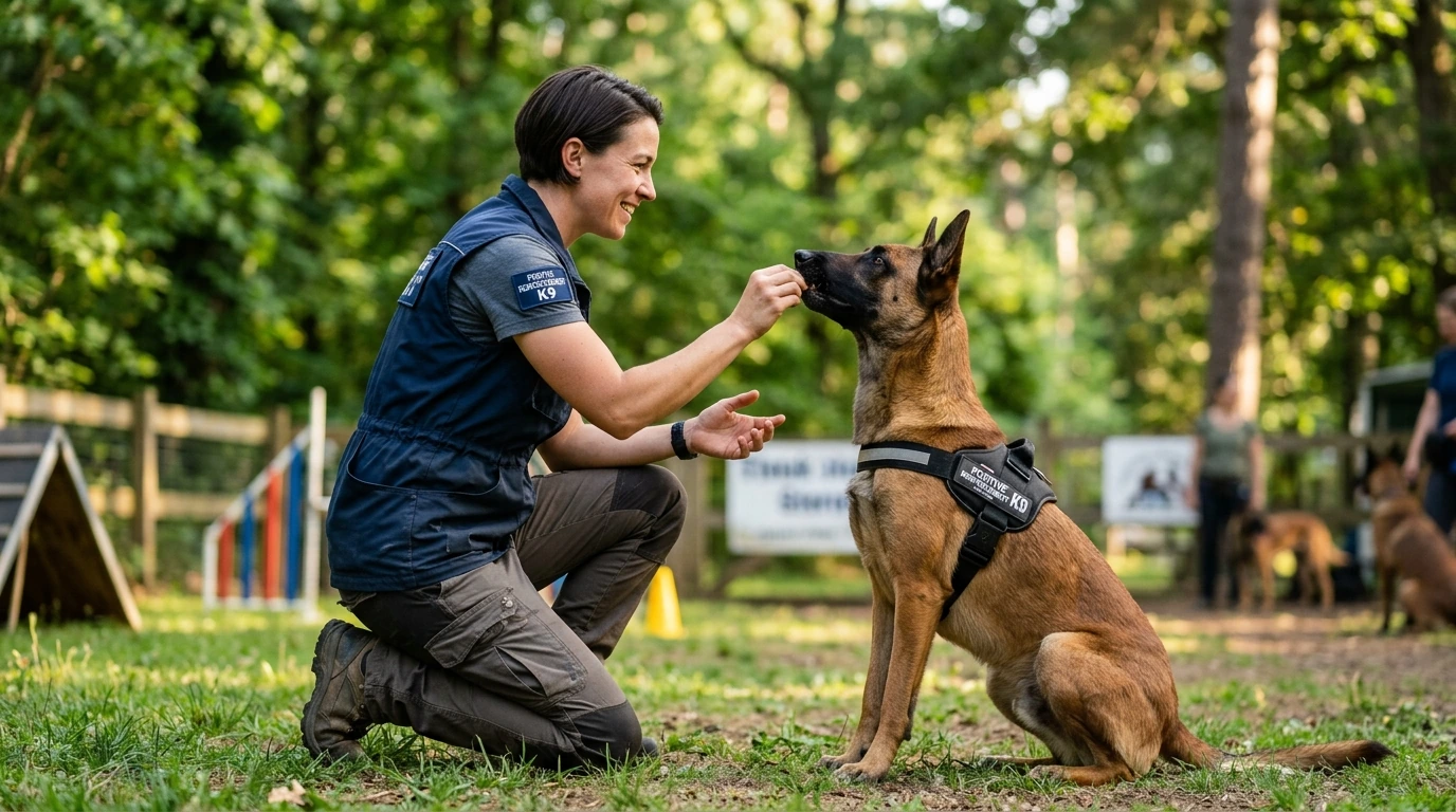 A trainer using positive reinforcement to guide a working dog through an obedience exercise in a natural setting.