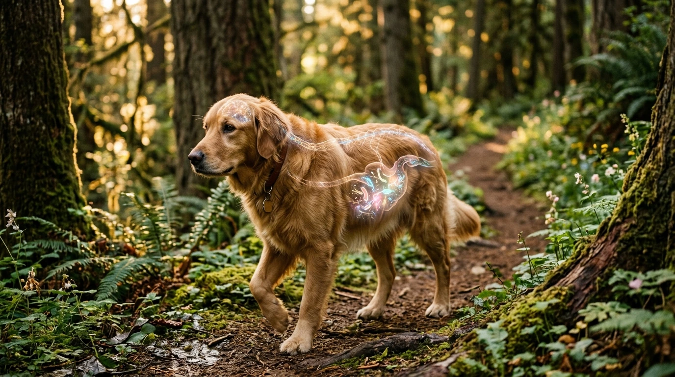 A serene dog with subtle visual representations of the gut-brain axis, connecting a calm demeanor with a healthy digestive system, set in a natural, peaceful environment.