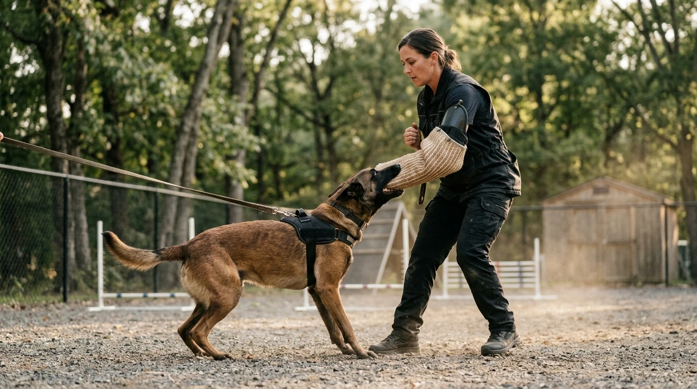 A professional dog trainer in protective equipment working with a guard dog on controlled bite work with a sleeve in an open training field.