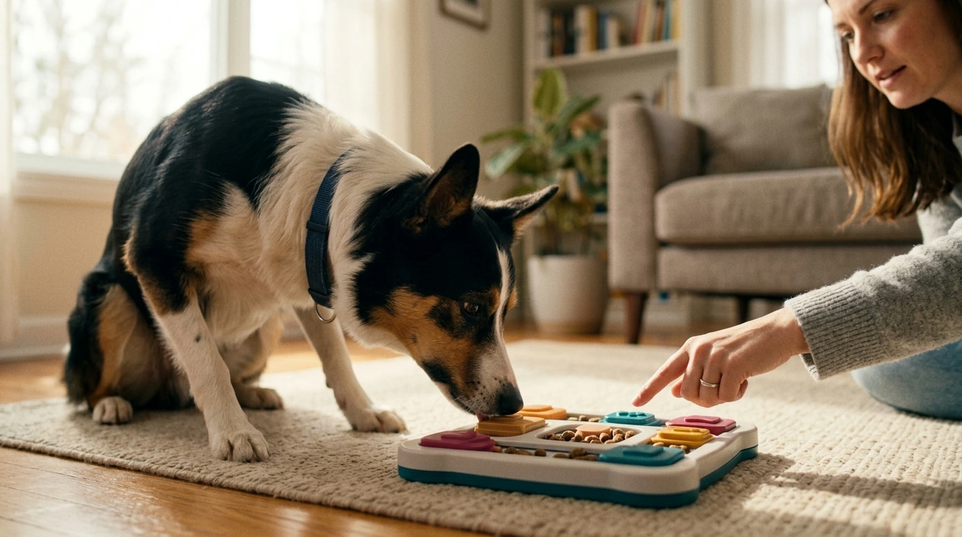 A focused dog interacting with a puzzle feeder, demonstrating effective behavioral therapy and environmental enrichment for anxiety management.