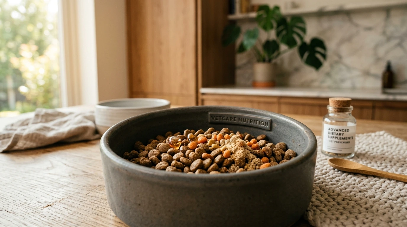 A close-up of a bowl containing specialized prescription dog food, emphasizing nutritional support.