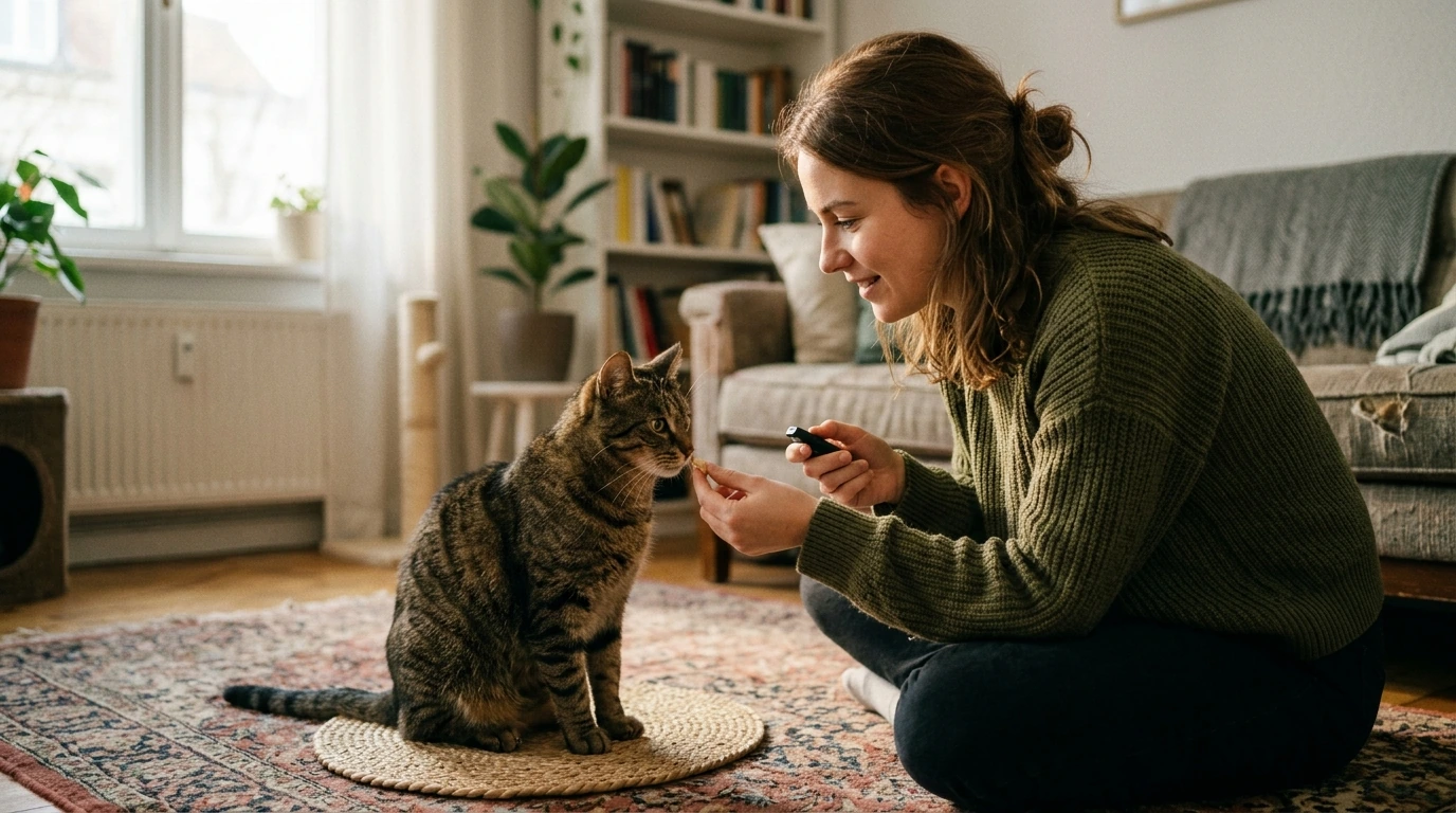 A cat owner using positive reinforcement techniques to train their cat in a home setting, illustrating practical application of behavioral guidance.