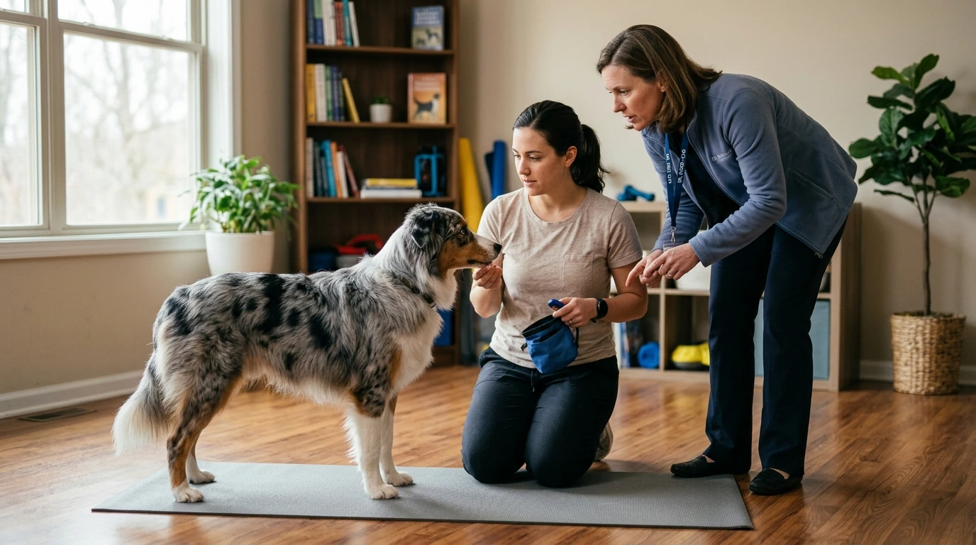 A certified canine behavioral specialist carefully observing a dog's body language in a controlled training environment, emphasizing safety and initial assessment.