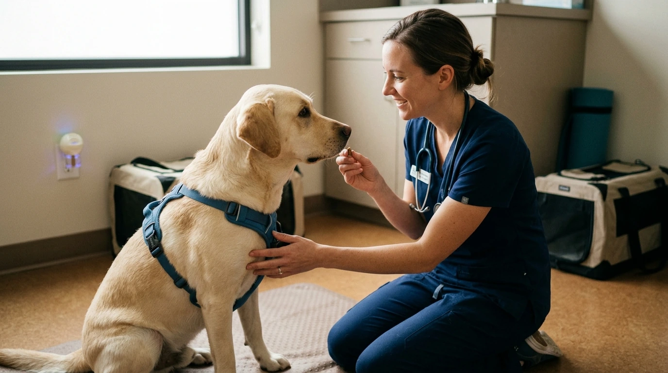 A serene Labrador Retriever calmly engaging with a veterinary professional during a positive reinforcement behavioral therapy session in a quiet clinic setting.
