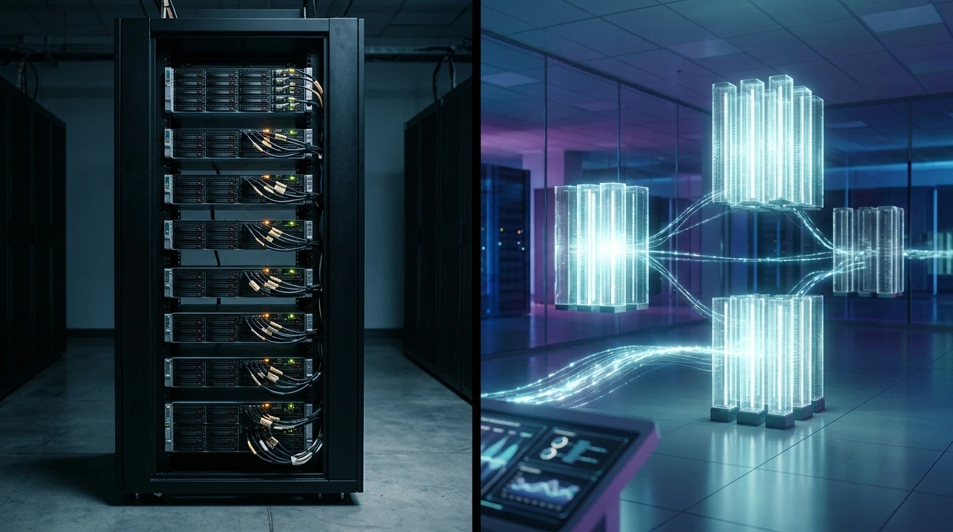 A visual depiction contrasting the distributed, scalable architecture of cloud hosting with a centralized, monolithic traditional server rack.