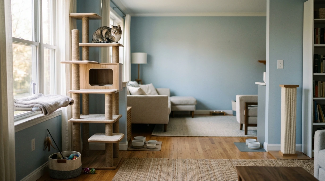 A thoughtfully arranged home environment with multiple cat resources, showcasing how environmental enrichment can mitigate feline aggression.