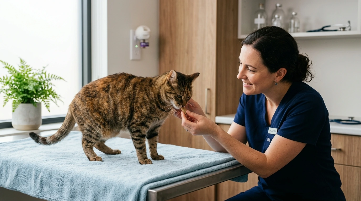 A calm tabby cat receiving gentle care from a veterinarian in a stress-reduced clinic environment.