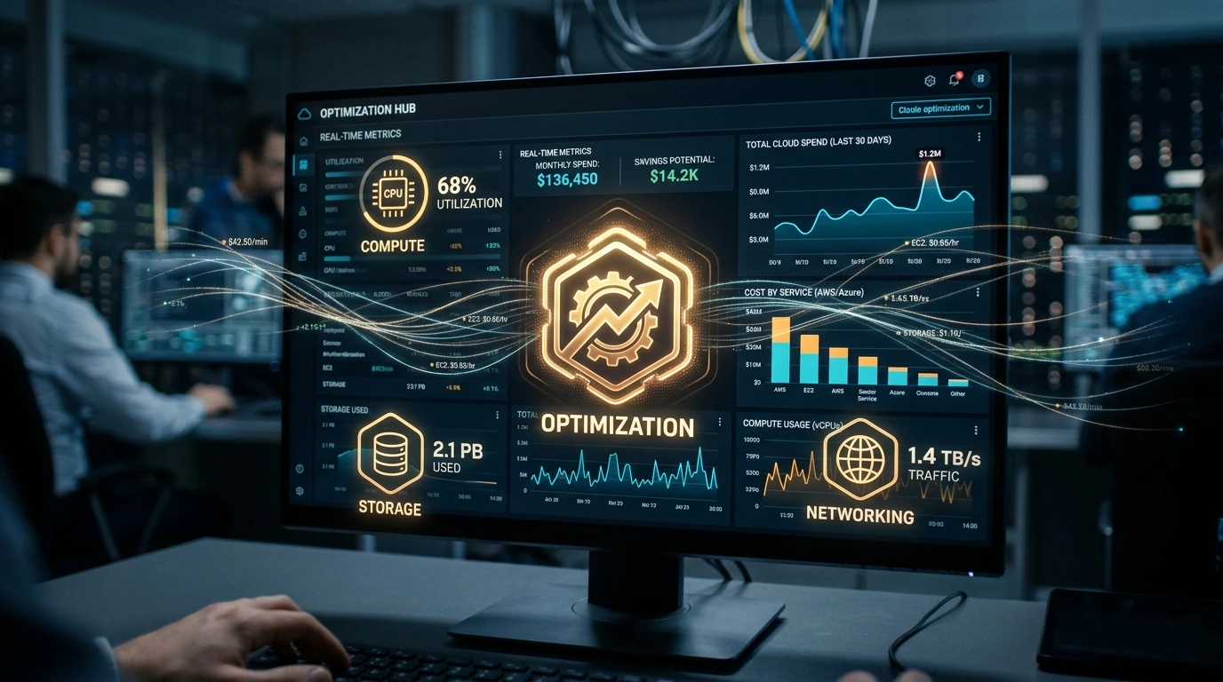 A sophisticated digital dashboard displaying various cloud cost metrics, real-time resource utilization graphs, and an optimization module, illustrating the complexity and management of cloud expenditures.
