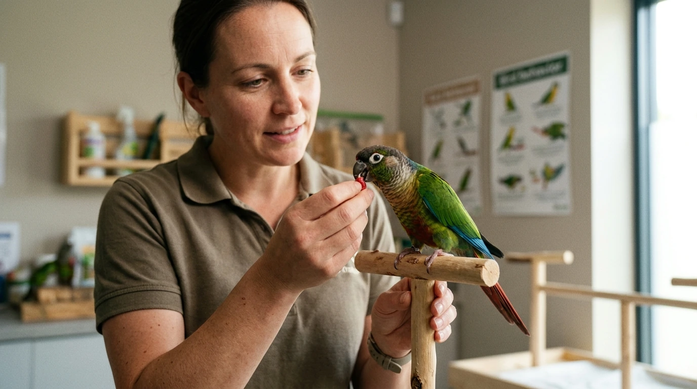 Bird trainer demonstrating positive reinforcement techniques with a small bird in a professional setting, highlighting practical application.