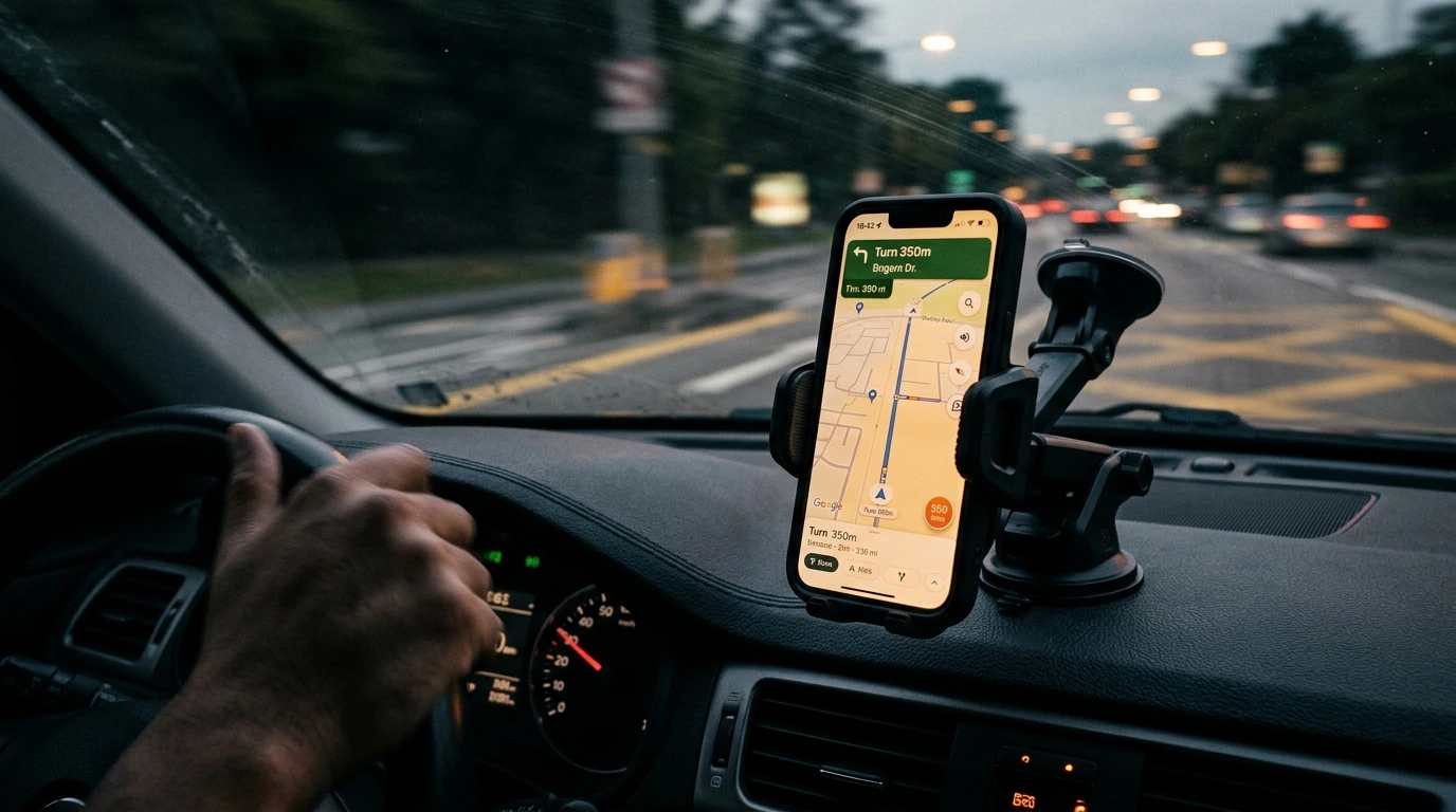 A close-up view of a smartphone firmly held by a robust car mount, demonstrating its stability against motion and vibrations inside a vehicle.