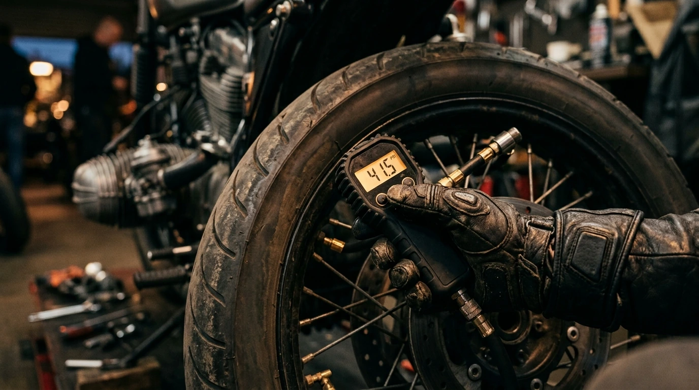 A rider's hand precisely applying a digital tire pressure gauge to a motorcycle tire valve stem, showing a clear reading.