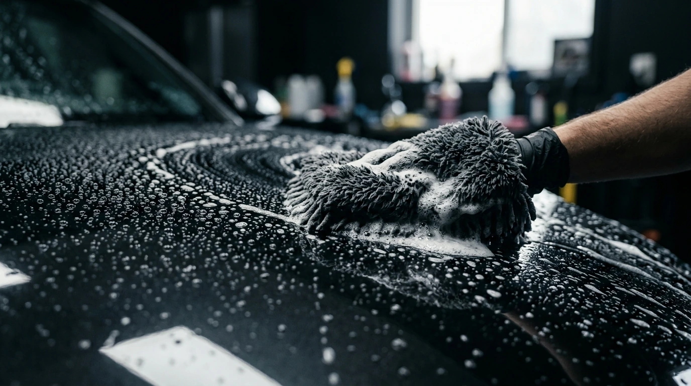 A soft microfiber wash mitt gently cleaning a dark, wet car panel, demonstrating the two-bucket method to prevent swirl marks during washing.