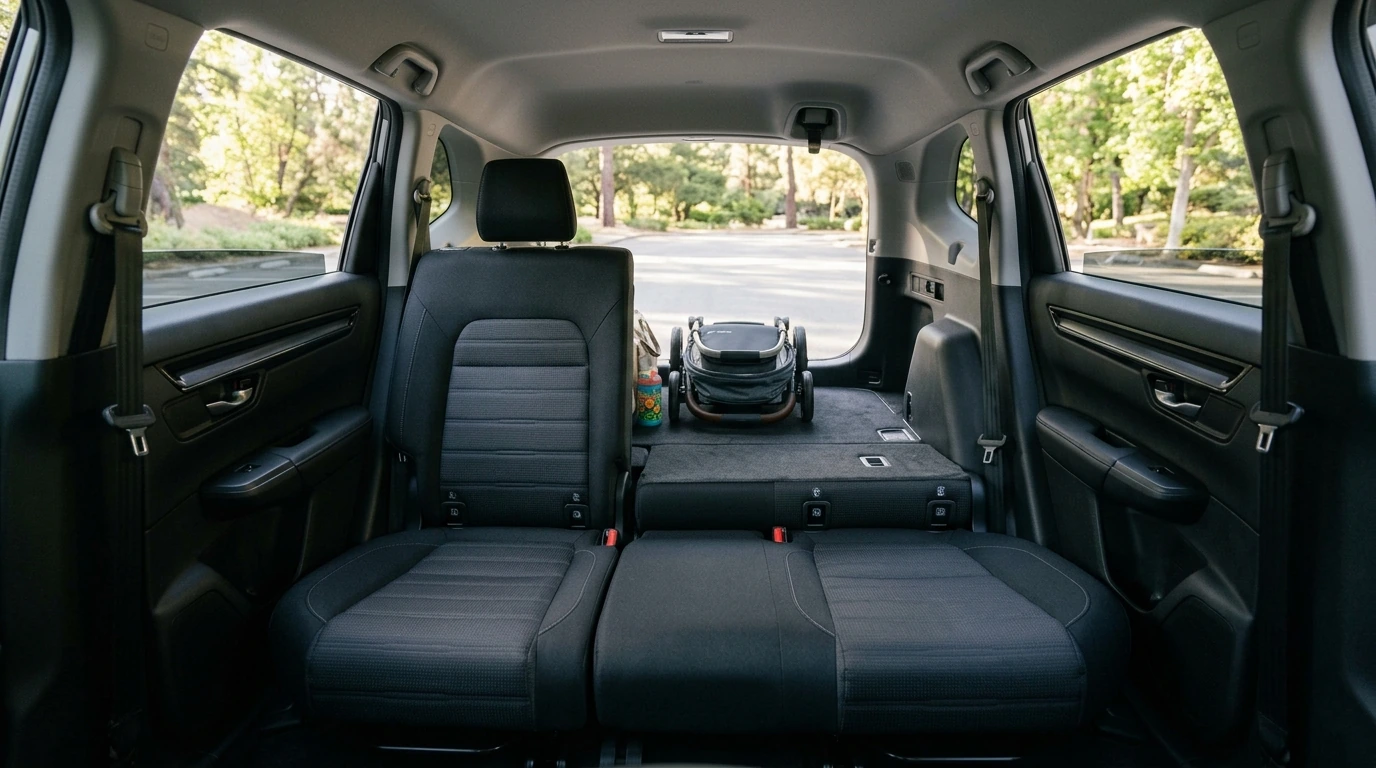An interior view of the 2026 Honda CR-V's rear cabin, demonstrating generous legroom and cargo capacity, with child seats and family gear illustrating its practical design for everyday family use.