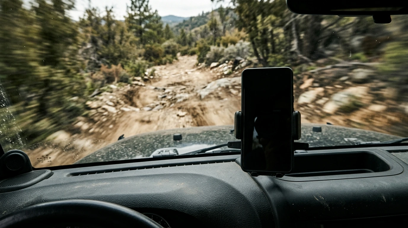 A smartphone held firmly in a car mount, appearing stable and unshaken, while the vehicle navigates a visibly bumpy and uneven dirt road, indicated by the blurred background.