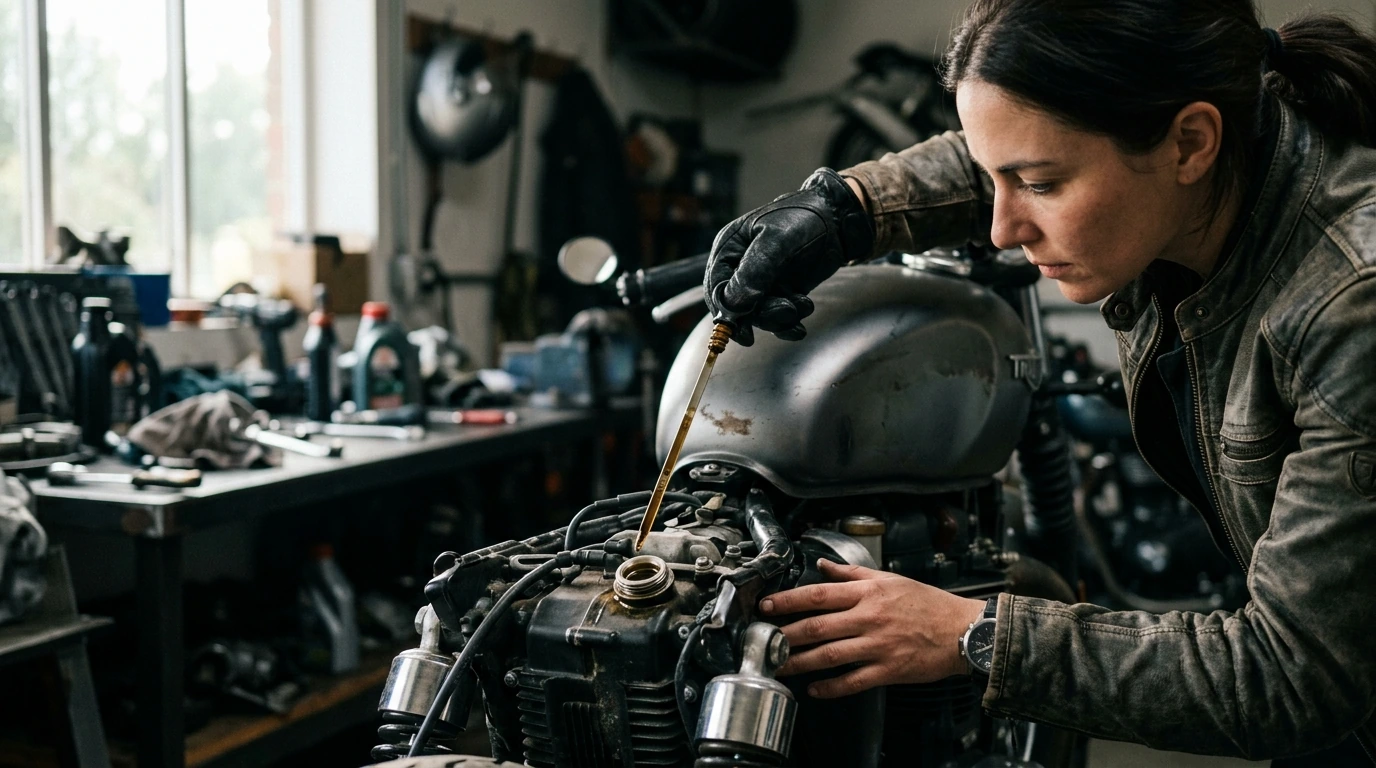 A close-up view of a rider meticulously checking the fluid levels or performing a visual inspection on their motorcycle engine in the soft morning light.