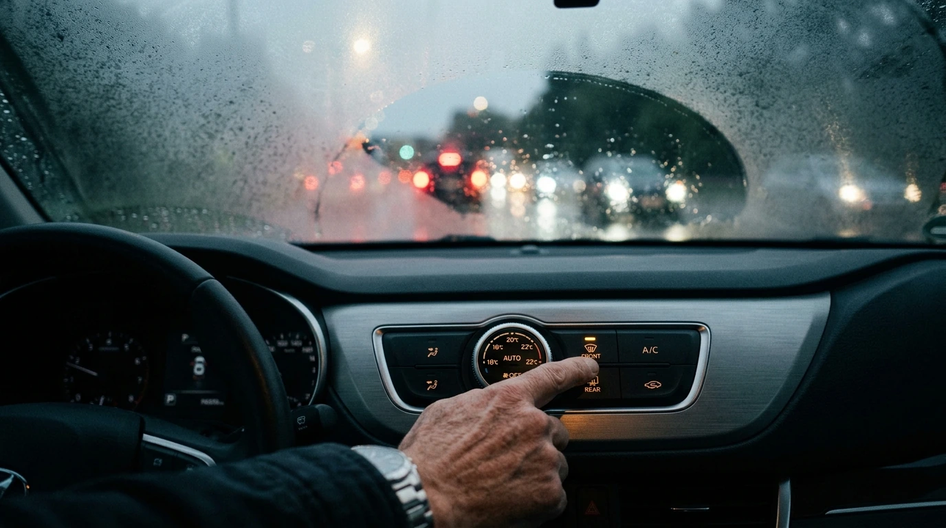 Driver's hand adjusting car climate controls to activate the defogging system, with a clear view of the windshield.