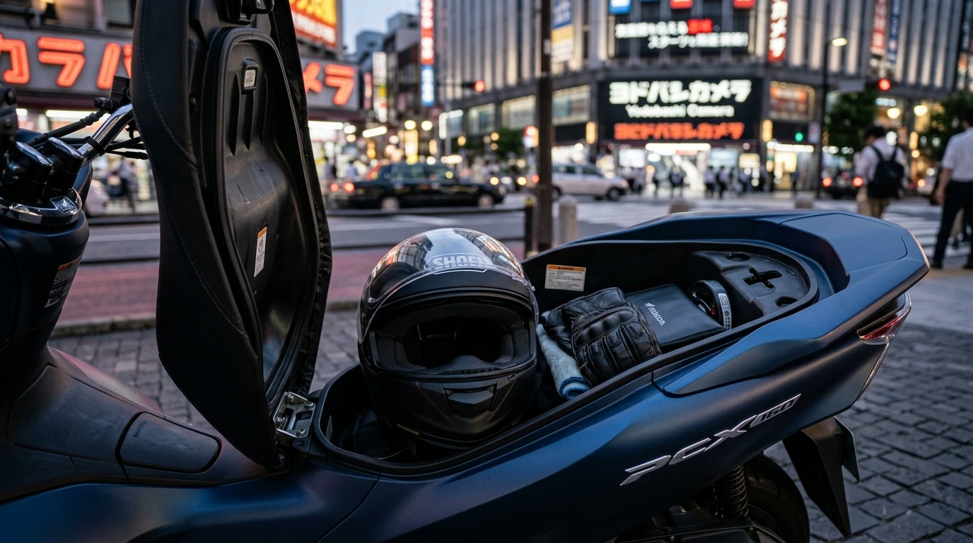 The spacious under-seat storage of a Honda PCX 160, easily accommodating a full-face helmet and other small essentials.