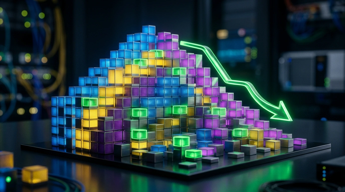 Abstract visualization of cloud resource allocation with optimized green blocks and a downward trend line, symbolizing cost savings.