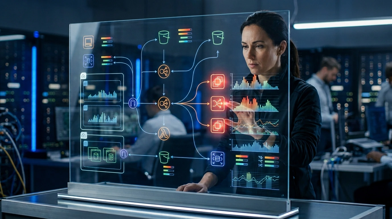 A transparent digital display showing a complex cloud architecture diagram with real-time cost projections and resource utilization metrics for each service component, set against a blurred data center backdrop.