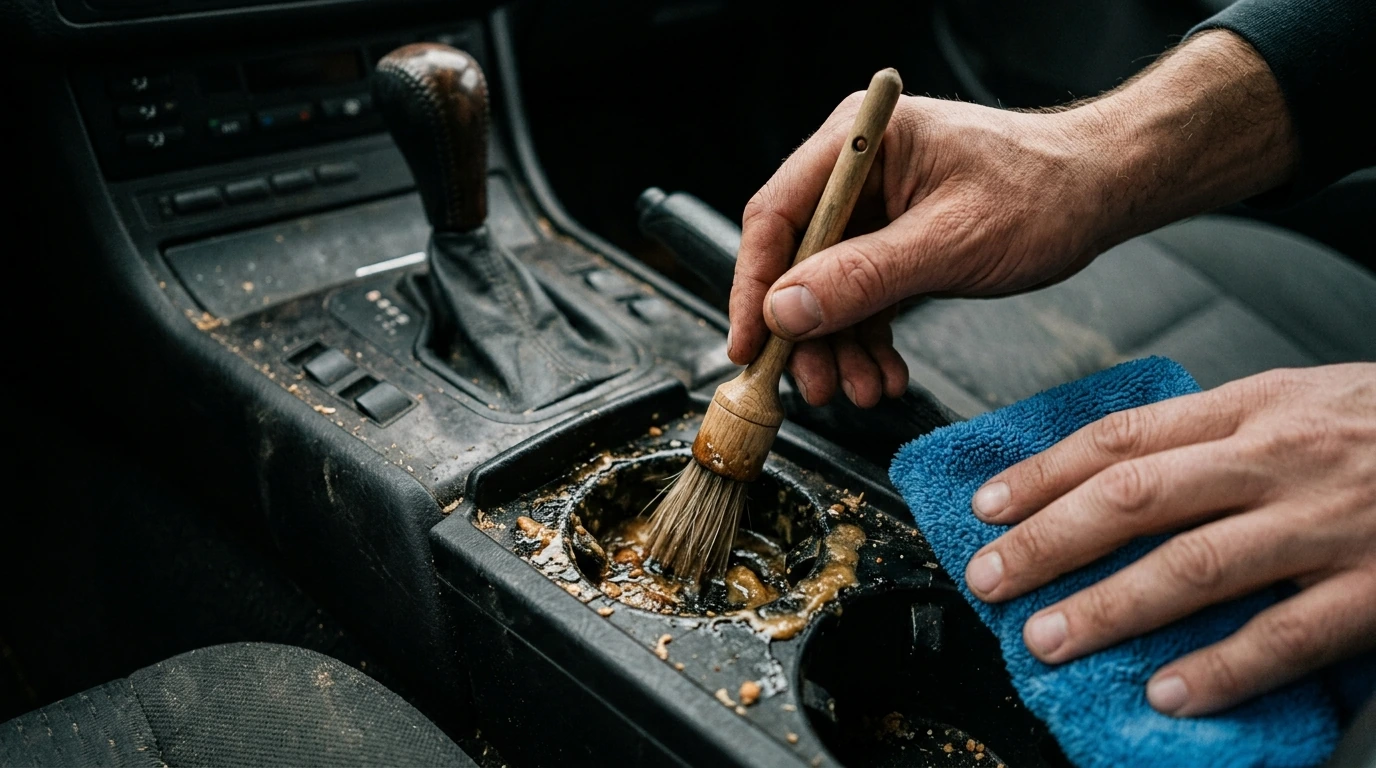 A detailed, cinematic close-up of a hand using specialized car detailing tools—a small brush and microfiber cloth—to meticulously clean sticky residue and crumbs from a car's cupholder.