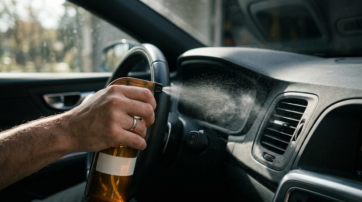 A hand demonstrating the application of a natural cleaning solution into a car's AC vent, highlighting practical odor removal.
