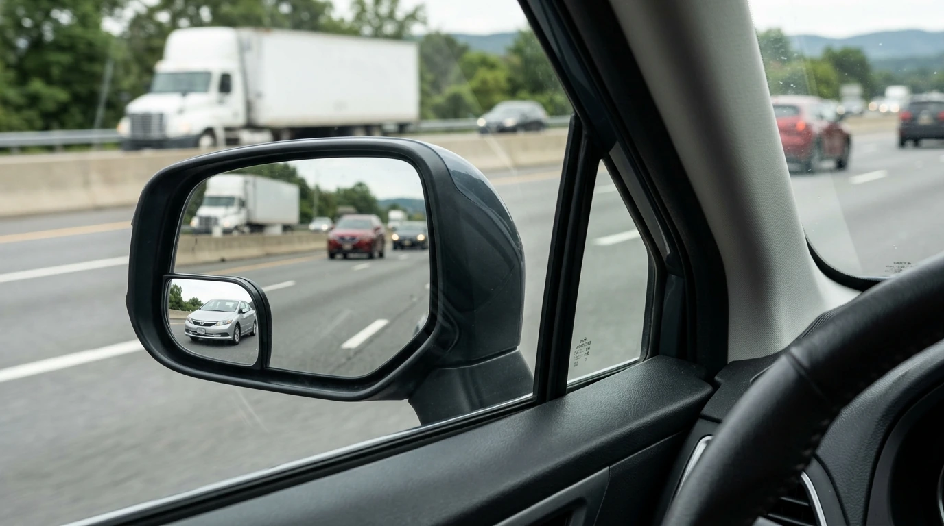 A driver's view through a car's side mirror, showing a wide-angle blind spot mirror revealing a vehicle in an adjacent lane, illustrating improved visibility.