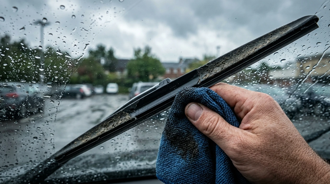 A detailed view of a hand meticulously cleaning a car's wiper blade with a microfiber cloth, removing dirt and debris.