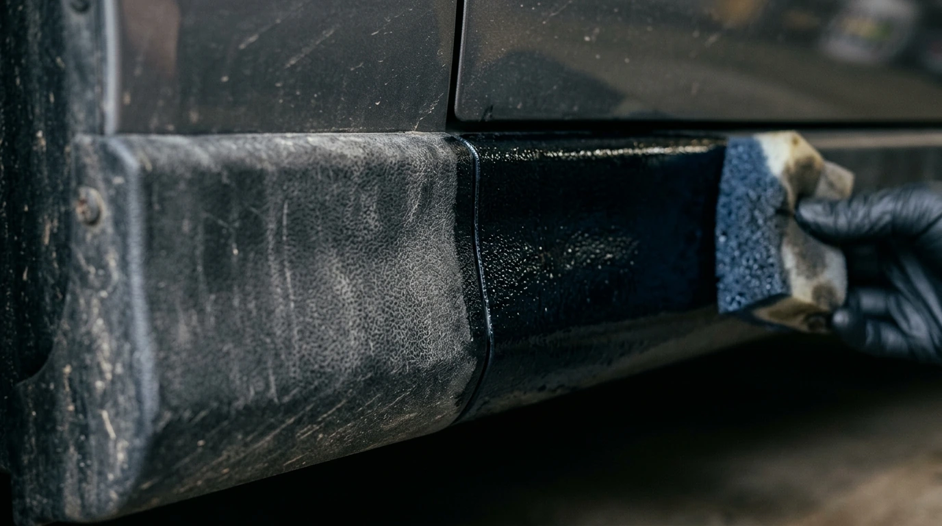 Side-by-side comparison of faded black plastic car trim and a section freshly treated with a restoration gel.