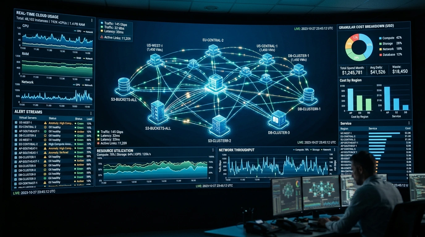 A detailed digital dashboard illustrating real-time cloud resource consumption and granular cost metrics, symbolizing effective financial management in a pay-as-you-go cloud environment.